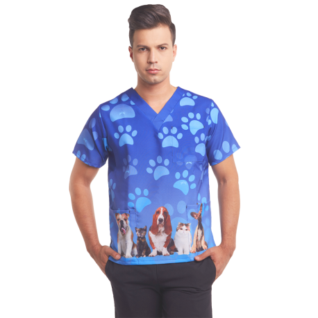 Men's printed scrub top blue paws puppy dogs